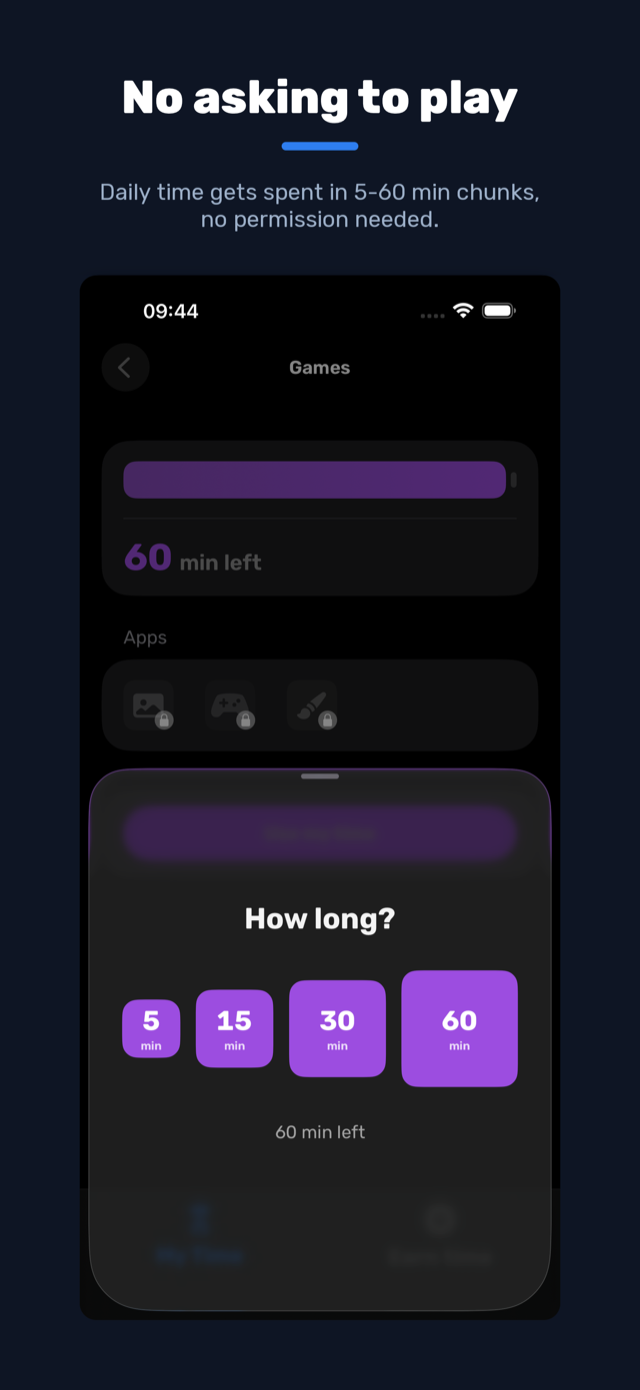 Child's screen: no asking to play, picking how long to spend