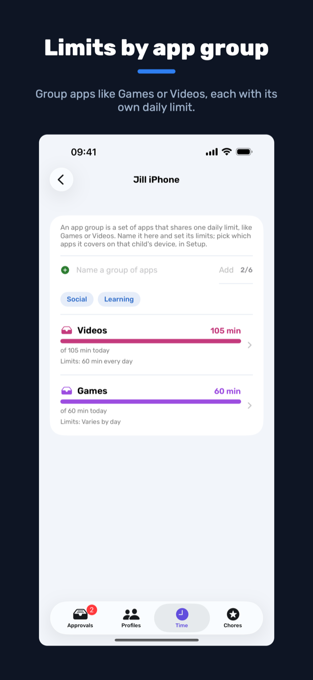 Limits by app group: the parent's Time screen with separate Videos and Games limits