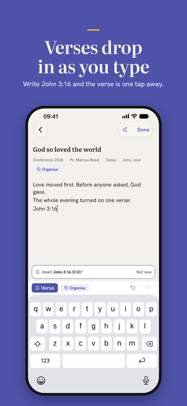 Note screen: verses drop in as you type, with an offer to insert John 3:16