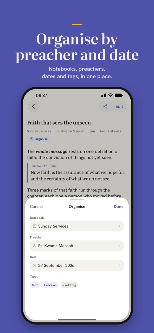 Organise sheet: notebook, preacher, date and tags
