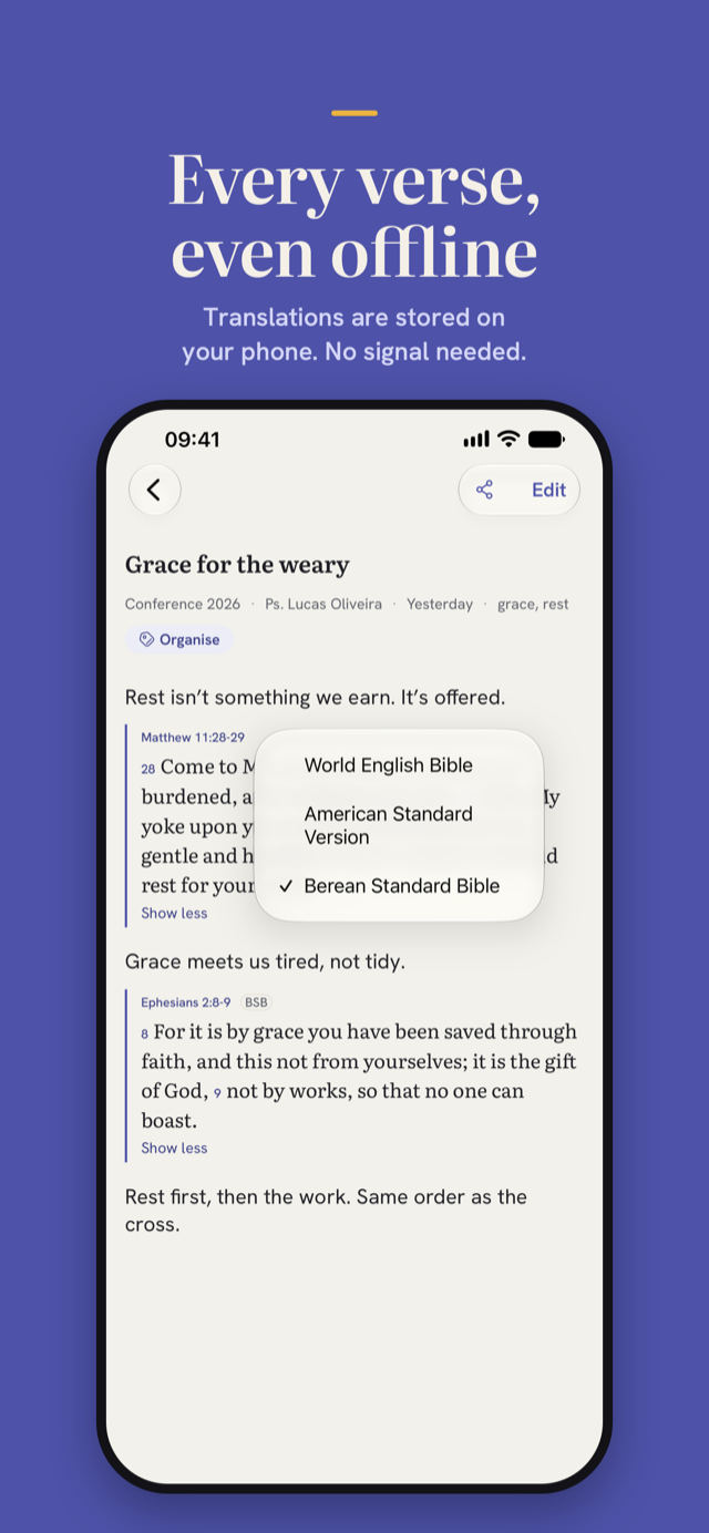 Change translation menu on a passage: every verse, even offline