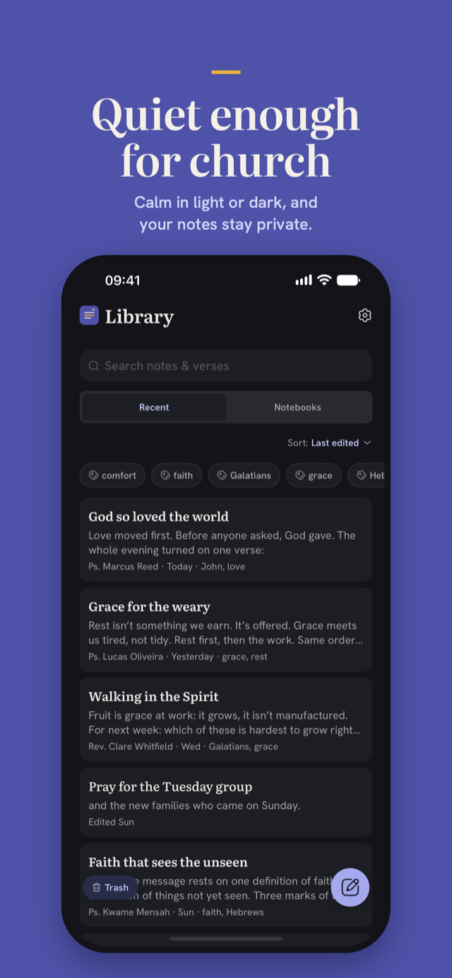 Library in dark appearance: quiet enough for church